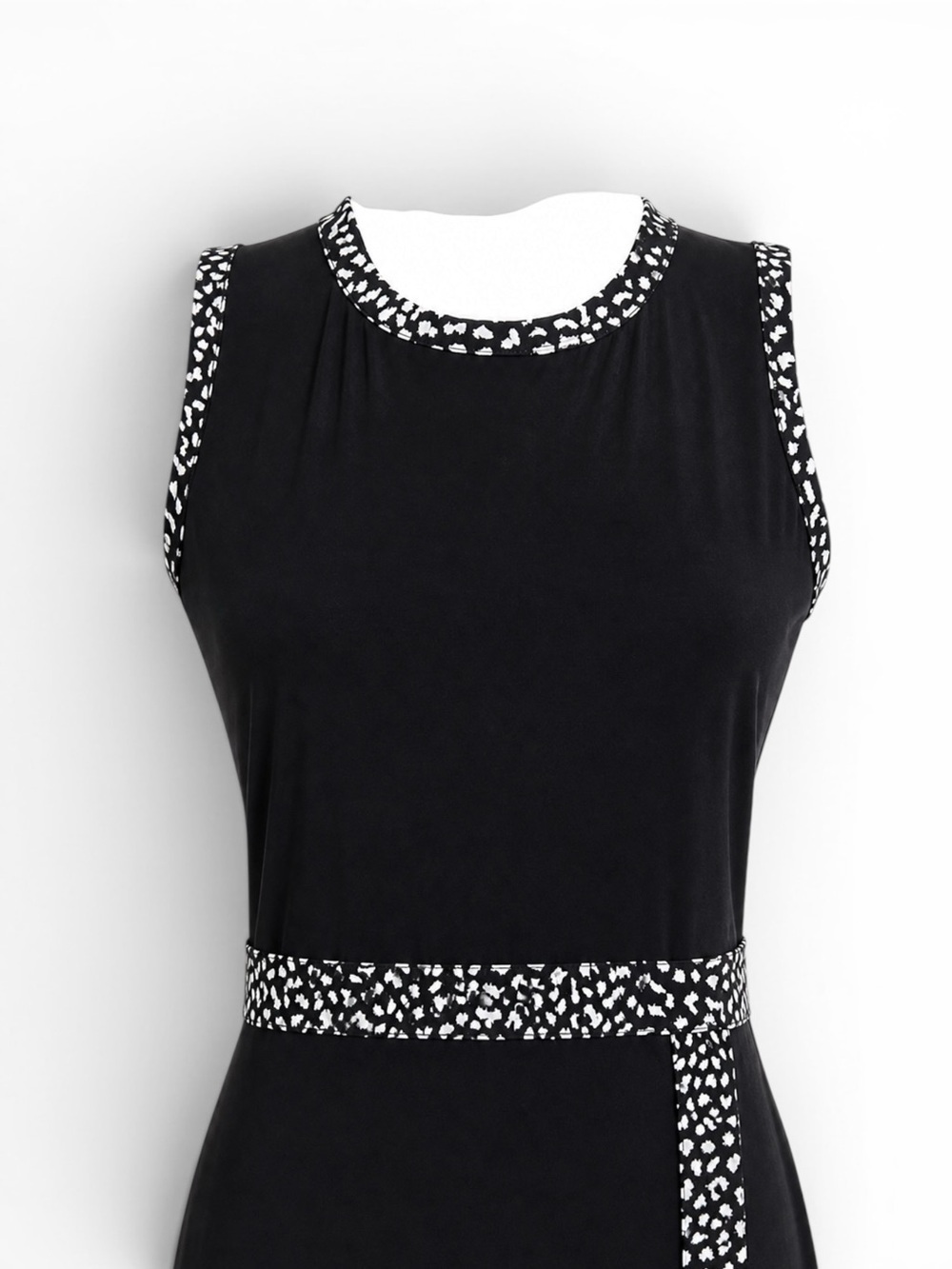 Michael Kors Black Faux Wrap Dress Animal Print Trim Sleeveless Midi Size Medium - Picture 3 of 10